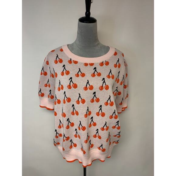 Unbranded Sweaters - Womens Sweater Pink Cherry Print Boho Unique Short Sleeves Causal Size L/XL(est)